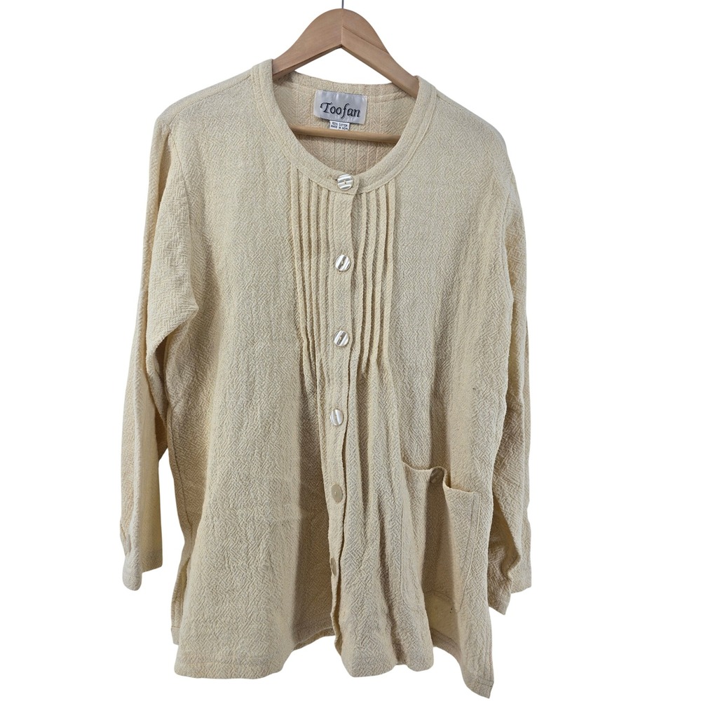 Toofan Cotton Cardigan Women Medium Yellow Pintuck Pleated Textured Button Front